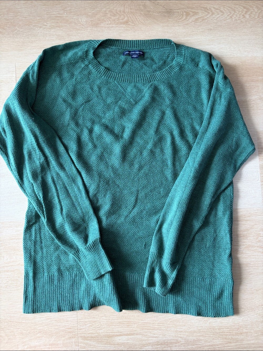 American Eagle Women’s Crewneck Oversized Waffle Sweater in Teal Green